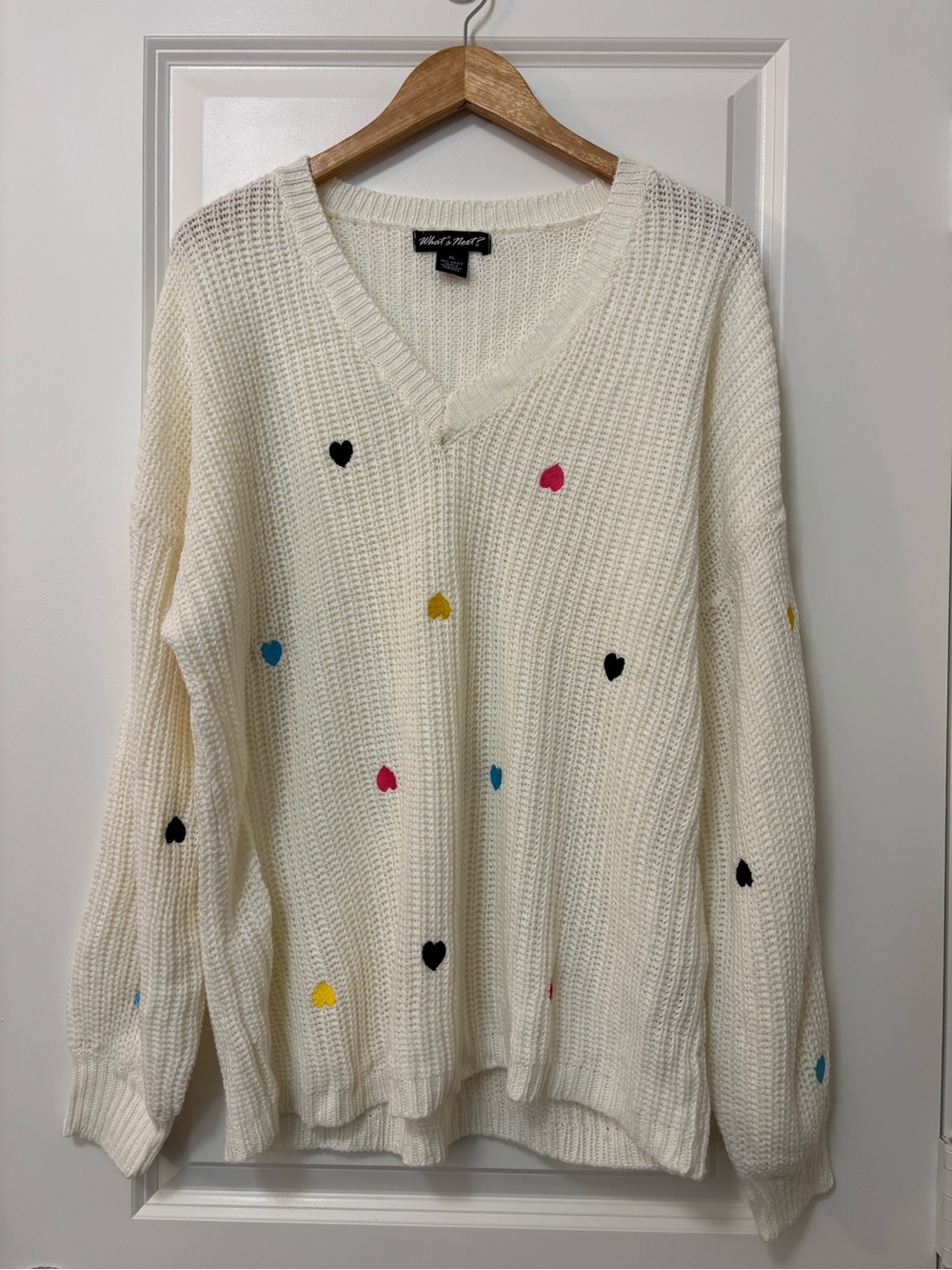 What’s Next Cream Knit V-Neck Sweater with Embroidered Hearts, Size XL